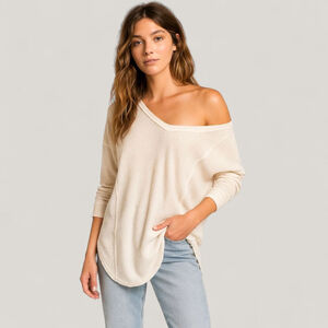Free People Catalina Thermal Top Cream Small Slouchy Off Shoulder Waffle